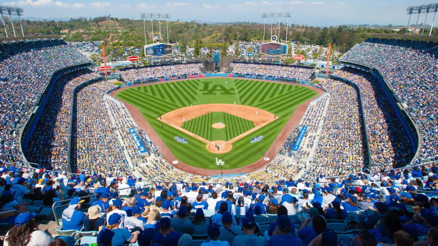 Dodger Stadium before a baseball game as fans begin to arrive